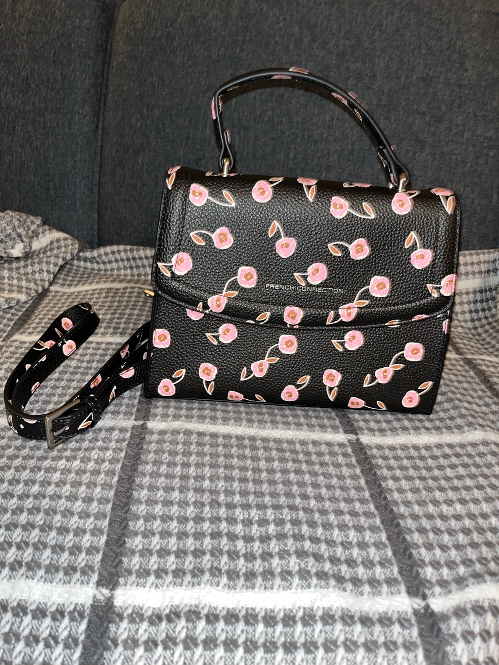 French Connection Black Floral Top-Handle Satchel with Detachable Strap